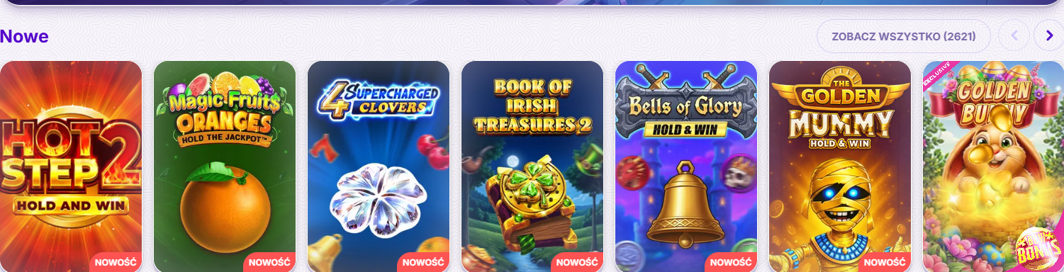 “Nowe” (New) casino games section showing a horizontal carousel of slot thumbnails, including Hot Step 2, Magic Fruits Oranges, 4 Supercharged Clovers, Book of Irish Treasures 2, Bells of Glory, Golden Mummy, and Golden Bunny, each marked as new.