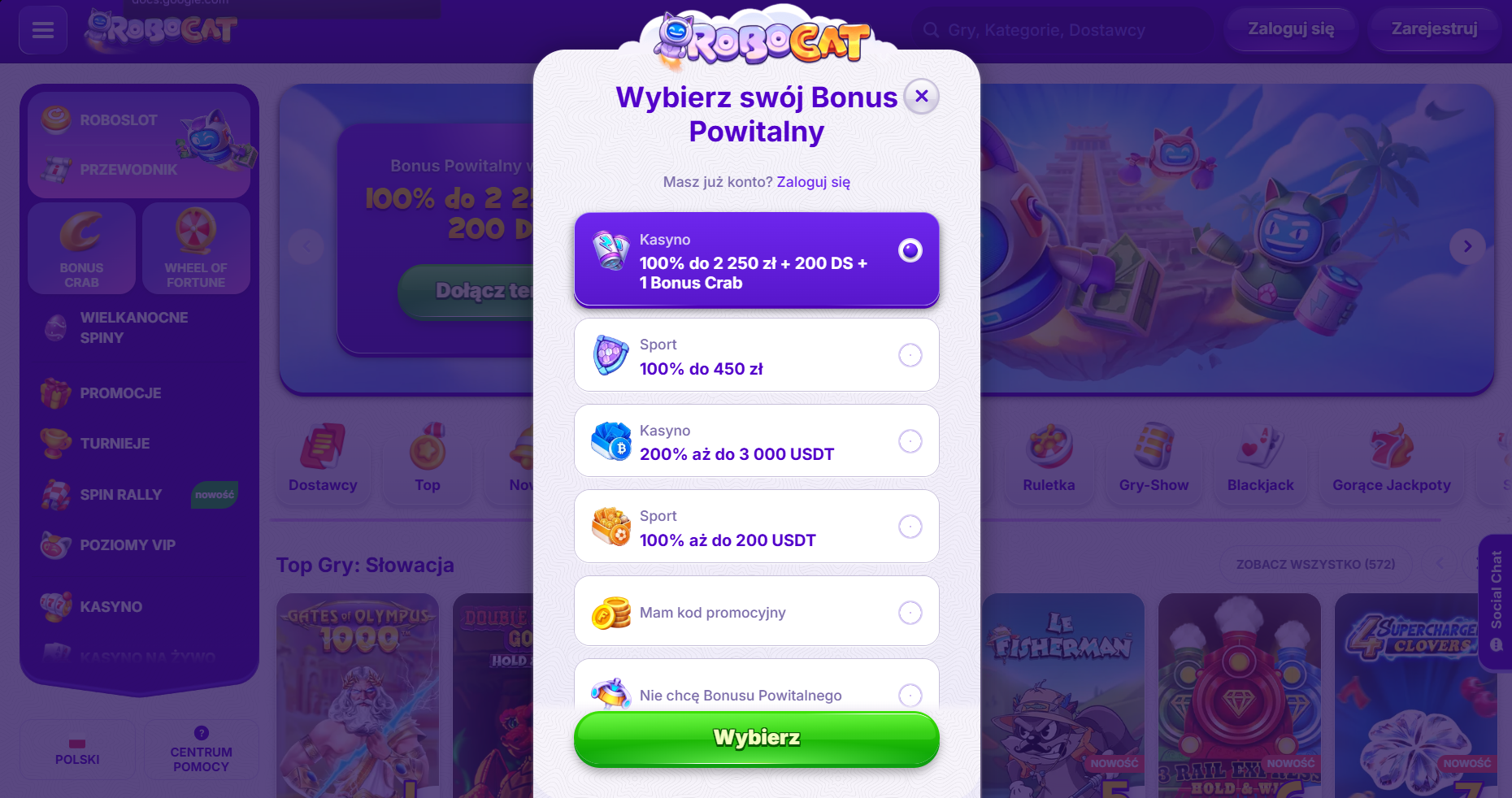 Polish RoboCat casino popup titled “Wybierz swój Bonus Powitalny,” displaying multiple selectable welcome bonus options (casino and sport offers, crypto bonuses, promo code option) with a green “Wybierz” button over a blurred site background.