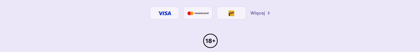 Casino footer with Visa, Mastercard, and Jeton payment icons, a Polish “Więcej” (More) link, and an 18+ age restriction badge on a light grey background.