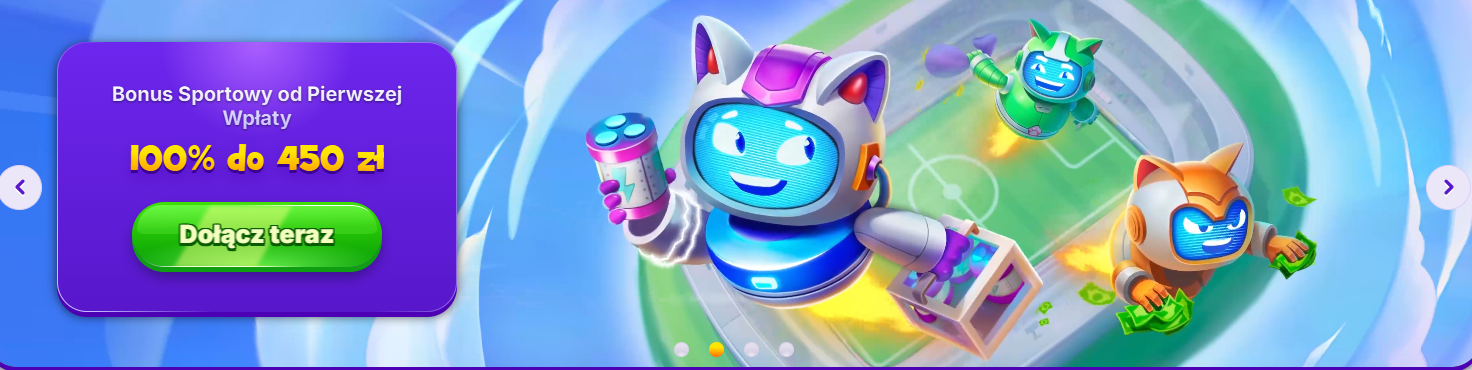Polish casino banner featuring RoboCat characters flying over a stadium, with a purple promo box advertising a sports first deposit bonus of 100% up to 450 zł and a green “Dołącz teraz” (Join now) button.